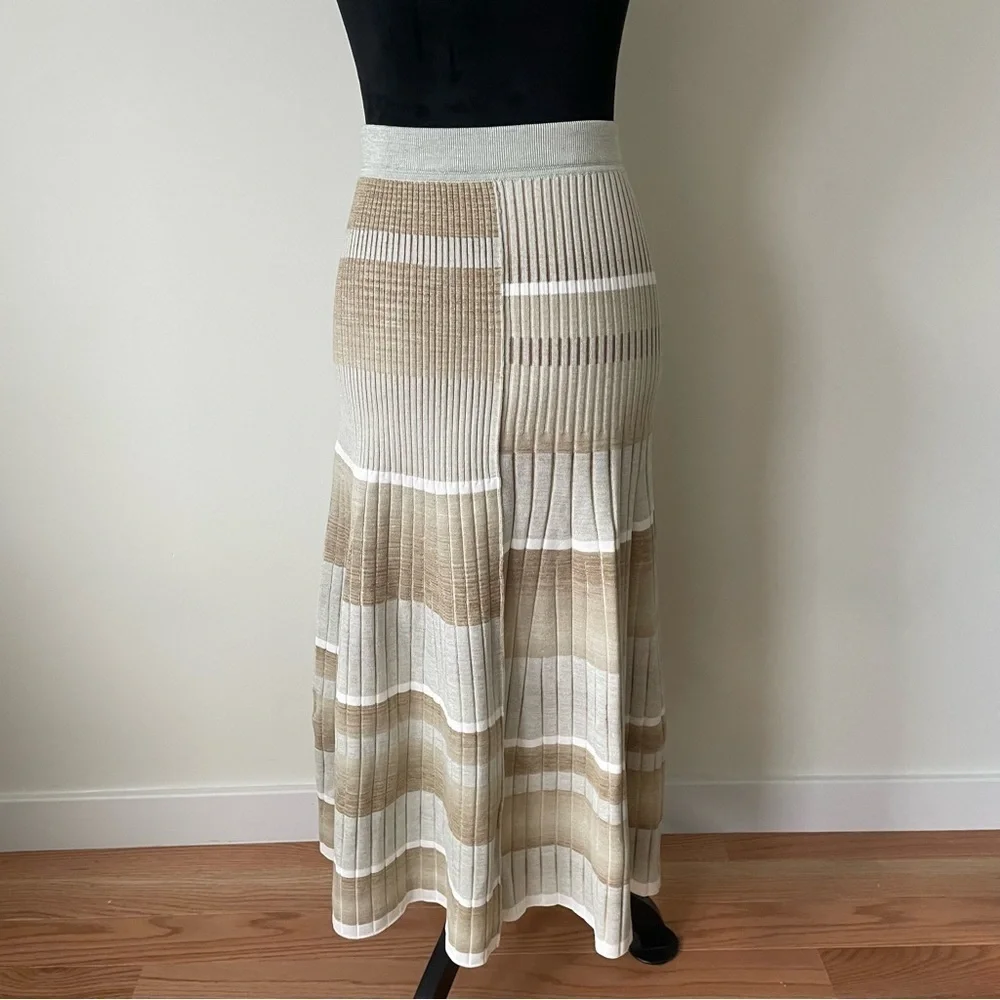 JONATHAN SIMKHAI Neutral Beige Tide Stripe Louise Striped Space Dye Midi Skirt